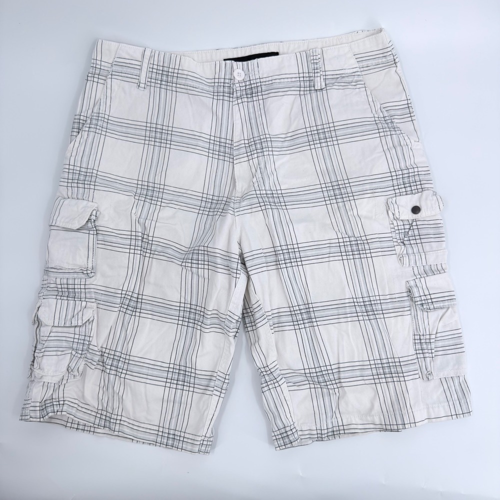 Iron Jeans Cargo Shorts Plaid Y2K Mens Size 36 White Grey Streetwear Retro Rare